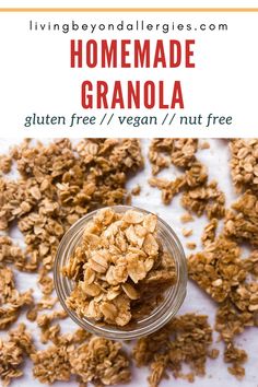 homemade granola in a glass bowl with text overlay