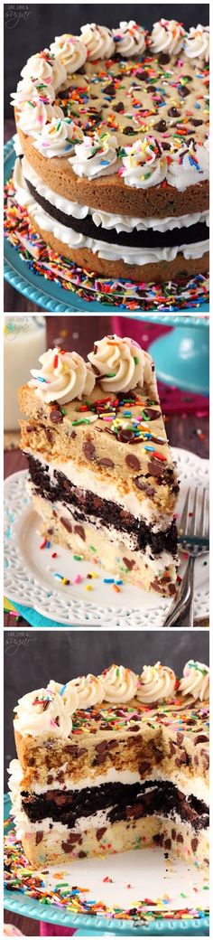 the cake is decorated with sprinkles and frosting on it's sides