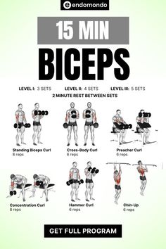 the 15 minute biceps workout plan is shown in black and white, with instructions for