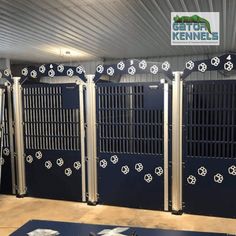 several blue gates with white flowers on them in a room filled with other metal equipment