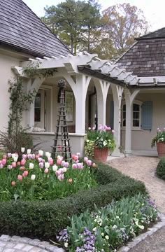 an image of a house with flowers in the front yard