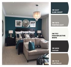 the color scheme for this bedroom is teal, gray, and white with black accents