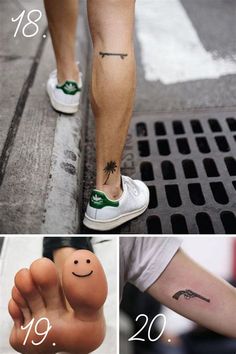 the foot has a smiley face tattooed on it and is next to an image of a person's feet