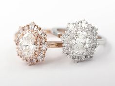 two engagement rings, one with an oval cut diamond and the other with round diamonds