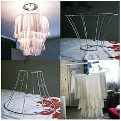 four different pictures of clothes hanging on the clothesline and in front of a chandelier