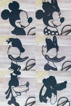 mickey mouse stencils are shown in black and white, with gold trimmings