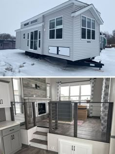 before and after pictures of a mobile home in the snow with stairs leading up to the front door