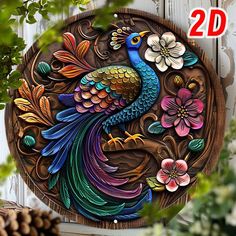 a colorful bird painted on the side of a wooden plaque with flowers and leaves around it