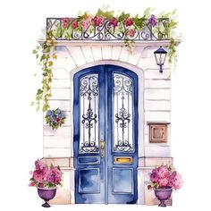 a watercolor painting of a blue door with pink flowers on the ledge and potted plants