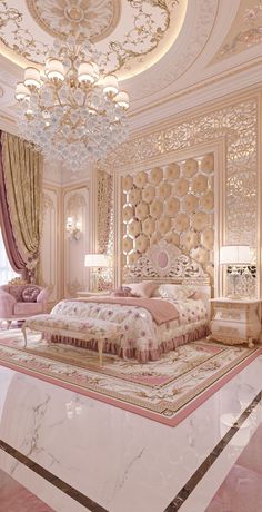 this is a luxurious bedroom with chandelier and bed