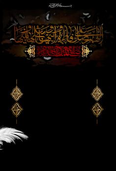 an arabic calligraphy is shown in the dark, with feathers and ornaments around it