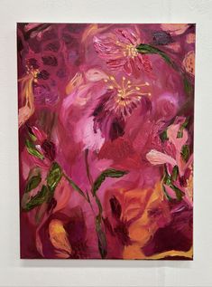 an abstract painting with pink and yellow flowers