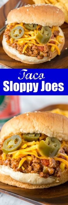 two pictures of sloppy joes with cheese and pickles on the side, one is cut in half