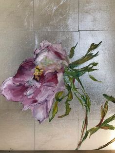 a painting of a purple flower with green stems on a white wall behind it,