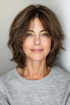 14. Brunette Shaggy Bob with Sliced Layers (Shaggy Hairstyles For Older Women) - Shaggy Hairstyles For Older Women Medium Brown Bob, Brittany Snow Hair, Short Curly Shag, Hair Cuts For Short Hair, Hairstyles 70s, Brown Bob Wig, Inverted Bobs, Grey Hair Looks, Shaggy Hairstyles