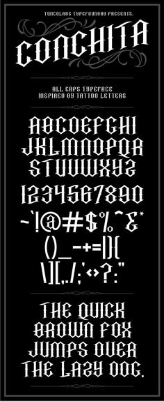 an old gothic typeface with the words conchita written in black and white