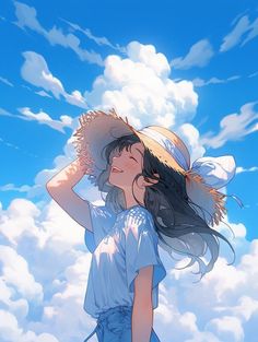 a woman with long hair wearing a hat looking up into the sky while standing in front of clouds