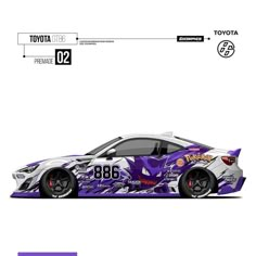 a car with the number 86 on it's side, and an image of a purple