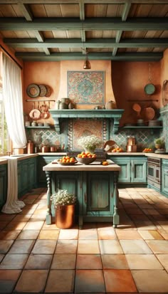 a painting of an old fashioned kitchen with blue cabinets and tile flooring on the walls