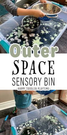 two children are playing with their outer space activity bins, and the text overlay says outer space sensory bin happy toddler playtime