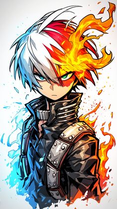 an anime character with white hair and blue eyes, wearing black leather armor on fire