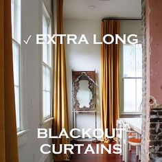 the interior of a house with yellow curtains and wood flooring, along with text that reads extra long blackout curtains