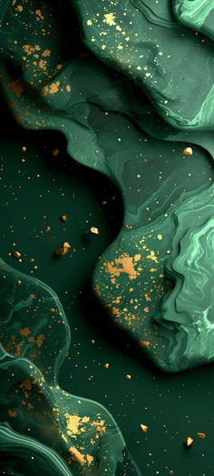 an abstract painting with gold flecks on green and teal paint, created in the form of flowing water