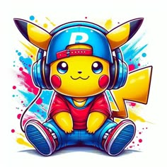 a cartoon character with headphones sitting on the ground