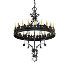 an iron chandelier with candles hanging from it's center, isolated against a white background