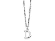 Rhodium over sterling silver cut-out letter "D" initial necklace with polished finish and lobster claw clasp. Chain measures approximately 18"L x 1/16"W, charm measures 7/16"L x 1/4"W. D Initial Necklace, Letter D Necklace, Silver Letter Necklace, D Necklace, D Initial, Letter Necklace Silver, Cut Out Letters, Letter D, Silver Lockets