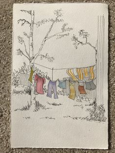 a drawing of clothes hanging on a line next to a tree and fence in the background