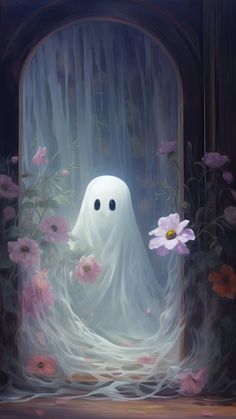 a painting of a ghost with flowers in front of it