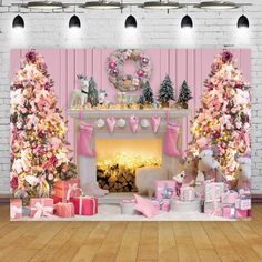 a room decorated for christmas with pink and white decorations on the fireplace, stockings, presents, trees, and gifts