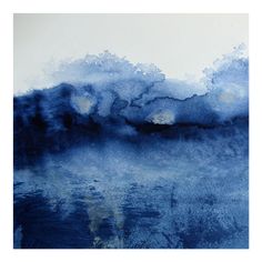 an abstract painting with blue and white colors on the water's surface is shown