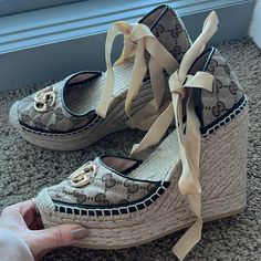 These Are Brand New Worn Once! So Cute! Paid $800+ ! My Loss Your Gain! Gucci Wedges, Gucci Closed-toe Espadrilles For Summer, Luxury Gucci Heels With Gold-tone Hardware, Shoes Gucci, Gucci Shoes, Womens Shoes Wedges, So Cute, Wedges, Size 7