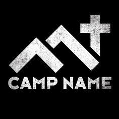 the camp name with a cross on it is shown in black and white, as well as