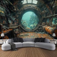 an underwater scene is shown in this living room wallpaper mural, which features a large circular