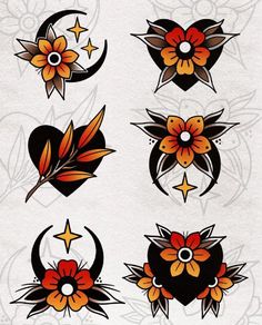 an assortment of tattoos with flowers and stars