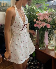 Delphine Cherry Print Mini Dress Fashion Core, Diy Vetement, Elegante Casual, Cherry Print, Halter Mini Dress, Baggy Pants, Girly Outfits, Looks Vintage, Printed Mini Dress