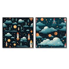 two paintings of rockets flying through the night sky with stars and clouds in front of them