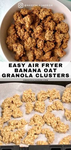 an image of homemade granola clusters in the air fryer and before and after baking