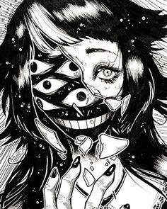 a black and white drawing of a woman with her face painted like a clown holding a cat