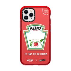 a red case with an apple on it that says heinez, it has to be