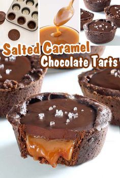 salted caramel chocolate tarts are being drizzled with icing