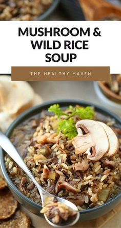 mushroom and wild rice soup in a bowl with spoons