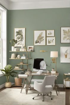 decorating interiors, interior bedroom design, kitchen designs, designer wall paint Light Blue And Green Office, Sage Color Office, Green Office Ideas Inspiration, Light Green Office Ideas, Small Green Office, Study Colour Scheme, Home Office Color Palette, Sage Office Ideas, Office Painting Ideas