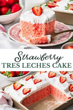 strawberry tres leches cake on a plate with strawberries