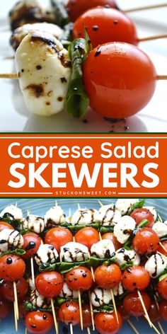 Indulge in the BEST holiday appetizer with this Caprese salad skewers recipe! A fresh and light Caprese salad in a stick that you shouldn't miss. Elevate your simple Game Day recipe now! Caprese Kabobs, Fingerfood Recipes, Caprese Appetizer, Salad Caprese, Caprese Salad Skewers, Halloween Finger, Caprese Skewers, Crispy Baked Chicken, Skewer Recipes