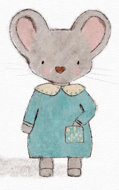 a drawing of a mouse wearing a blue dress and holding a small box in it's hand