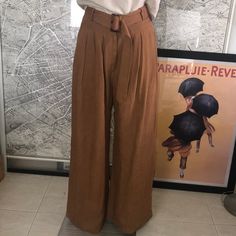 New Never Used Mint Condition Size Fit 4 Waist 27” Iseam 30” Wide Legs Flat 13”1/4 100% Linen Made In Australia “ Brown High-waisted Wide Leg Pants With Belt Loops, Belted Beige Trousers, Belted Beige Wide Leg Bottoms, Beige Belted Wide Leg Bottoms, Beige Wide Leg Belted Bottoms, High Waist Beige Belted Pants, Chic Brown Belted Bottoms, Beige Belted Wide-leg Bottoms, Beige Wide-leg Belted Bottoms